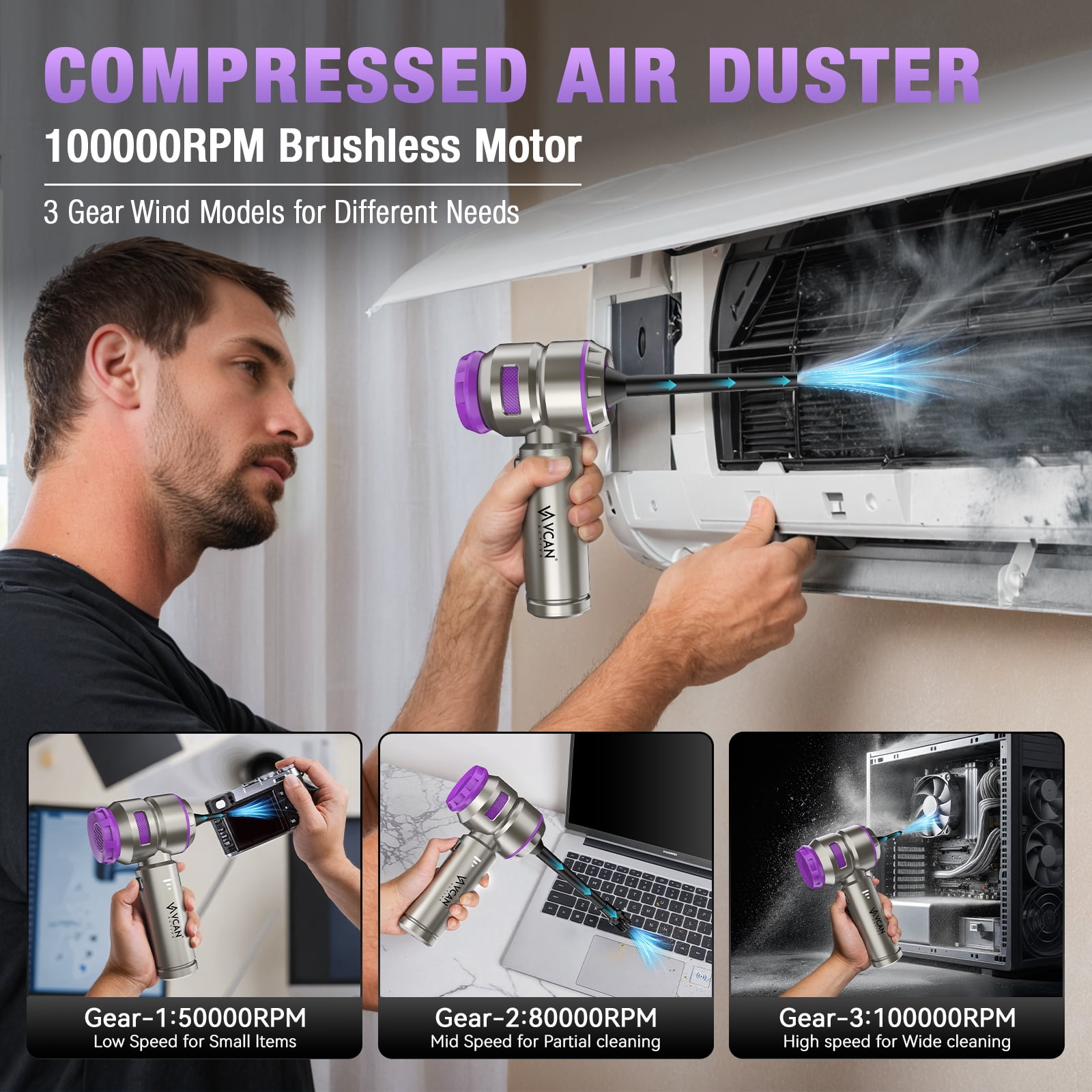VCAN ACTIVE 18000PA High Power Cordless Car Vacuum, Brushless Motor, Portable for Car Home (Purple)