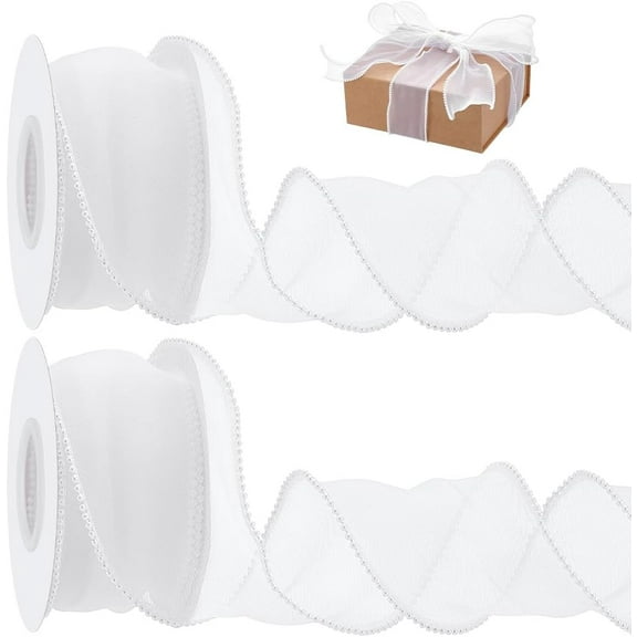 2Rolls 10 Yards x 2-3/8" Organza Ribbon with Pearl Edges White Wired Gift Ribbon for Wedding Decor Gift Wrapping & Craft Projects 5 Yards/Roll