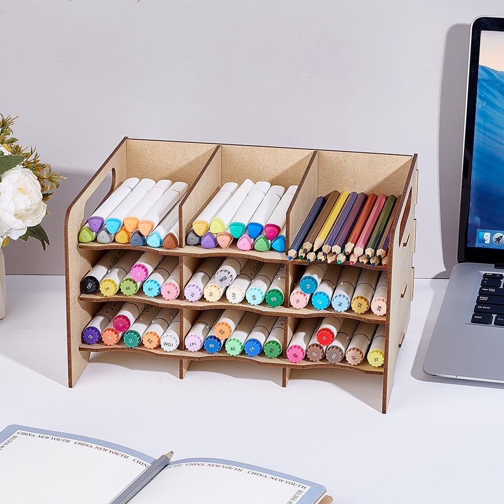 1set Wood Boards Pen Holder Desk Stand Organizer Holding Rack for Pens Paint Brushes Colored Pencils Markers BurlyWood 250x191x146mm