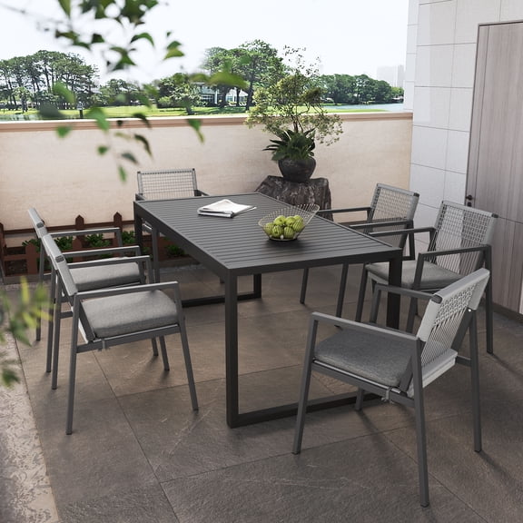 6-Piece Aluminum Outdoor Dining Set: Gray & Black Rope-Woven Chairs, Modern U-Leg Table (70"W x 35"D), Rust-Resistant, Patio & Garden Furniture