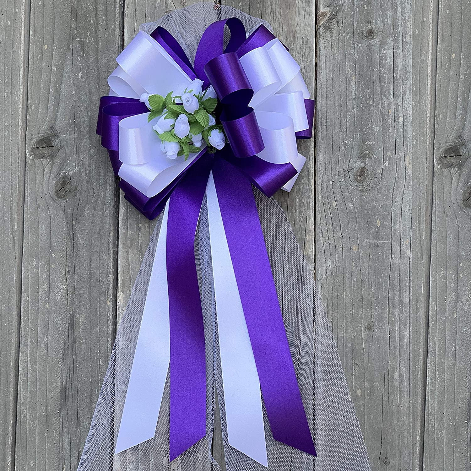 Purple & White Wedding Pull Bows with Tulle Tails and Rosebuds - 8" Wide, Set of 6, Aisle Decor, Reception
