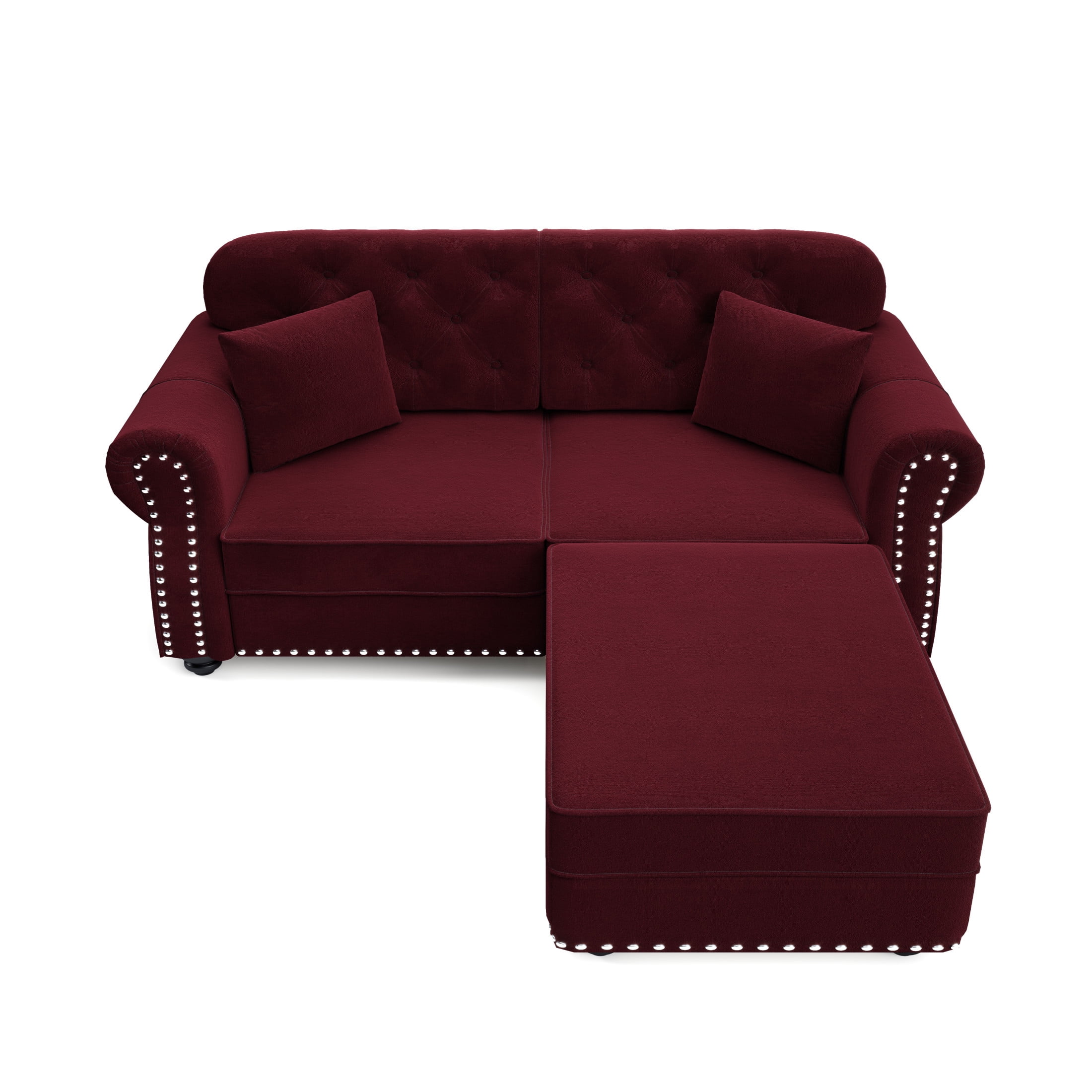 Noble House Kieran 2-Seater Velvet Chesterfield Sofa, Modern Tufted Armchair with Nailhead Trim and Ottoman, Burgundy
