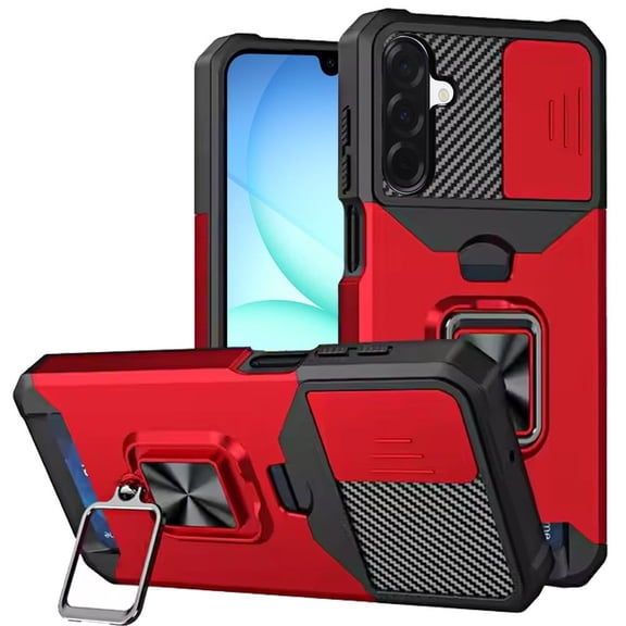 For Samsung Galaxy A17 S176V Multi-Functional Ring Kickstand Phone Case   Tempered Glass - Red