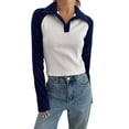 thumbnail image 3 of Canis Contrast Color Slim Fit T-Shirts for Women: Lapel Collar Tops with Long Sleeves, 3 of 5