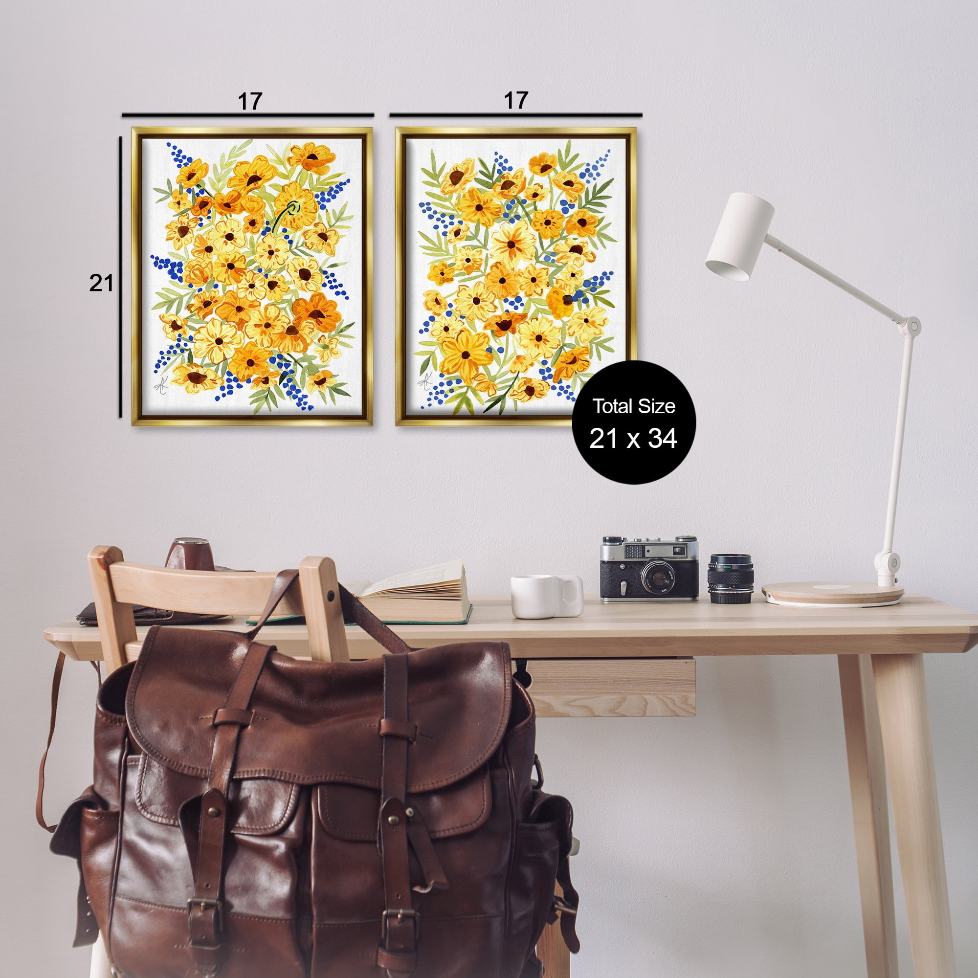 Stupell Industries Golden Cosmos with Blue Berries Plants & Flowers Painting Gold Floater Framed Canvas Art Print Wall Art, 17 x 21, Set of 2