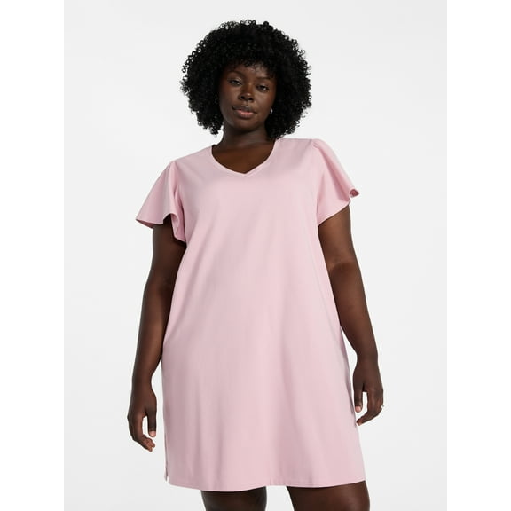 Terra & Sky Women's Plus Size V Neck Tee Dress with Flutter Sleeves, Size 0X-5X