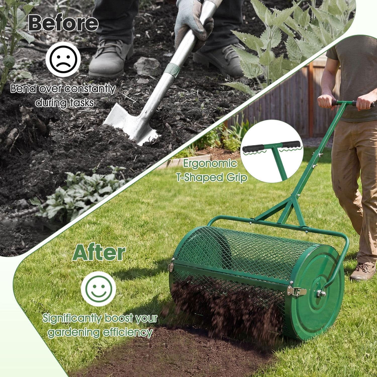 Resenkos 24 Inch Heavy Duty Peat Moss Spreader Roller, Height Adjustable T Handle Lawn Compost Spreader for Topsoil Sand and Lawn Care, Green