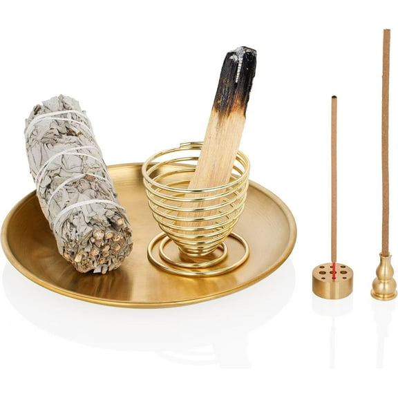 4 in 1 Incense Burner Palo Santo Holder Sage Holder for Incense Sticks Coil Incense Incense Cones Brass Ash Catcher for Meditation Yoga