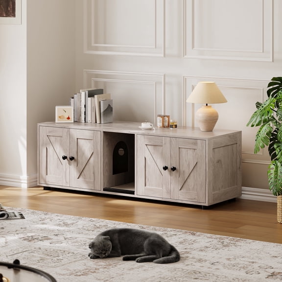 Cat Litter Box Enclosure for 2 Cats, Hidden Litter Box Furniture Cabinet with Double Room, Double Cat Litter Box Enclosure, Indoor Cat House, 43.4 x 18.1 x 17.7 Inches
