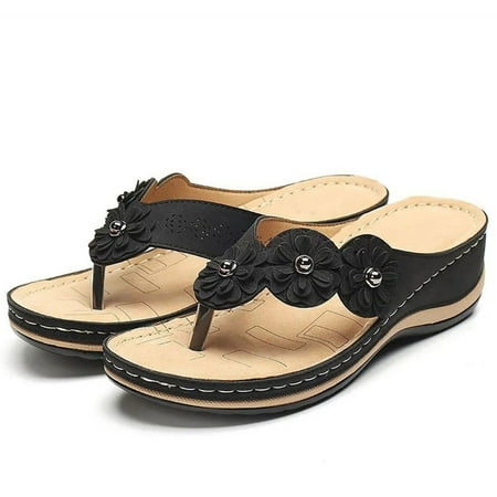 

Erocalli Women s Comfy Walking Med Heels Flip Flops Sandals Shoes Black Size 8
