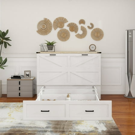 Queen Size Farmhouse Murphy Cabinet Bed with Charging Station, Foldable Platform Bed with Large Storage Drawer for Guest-Room, Small Bedroom, White