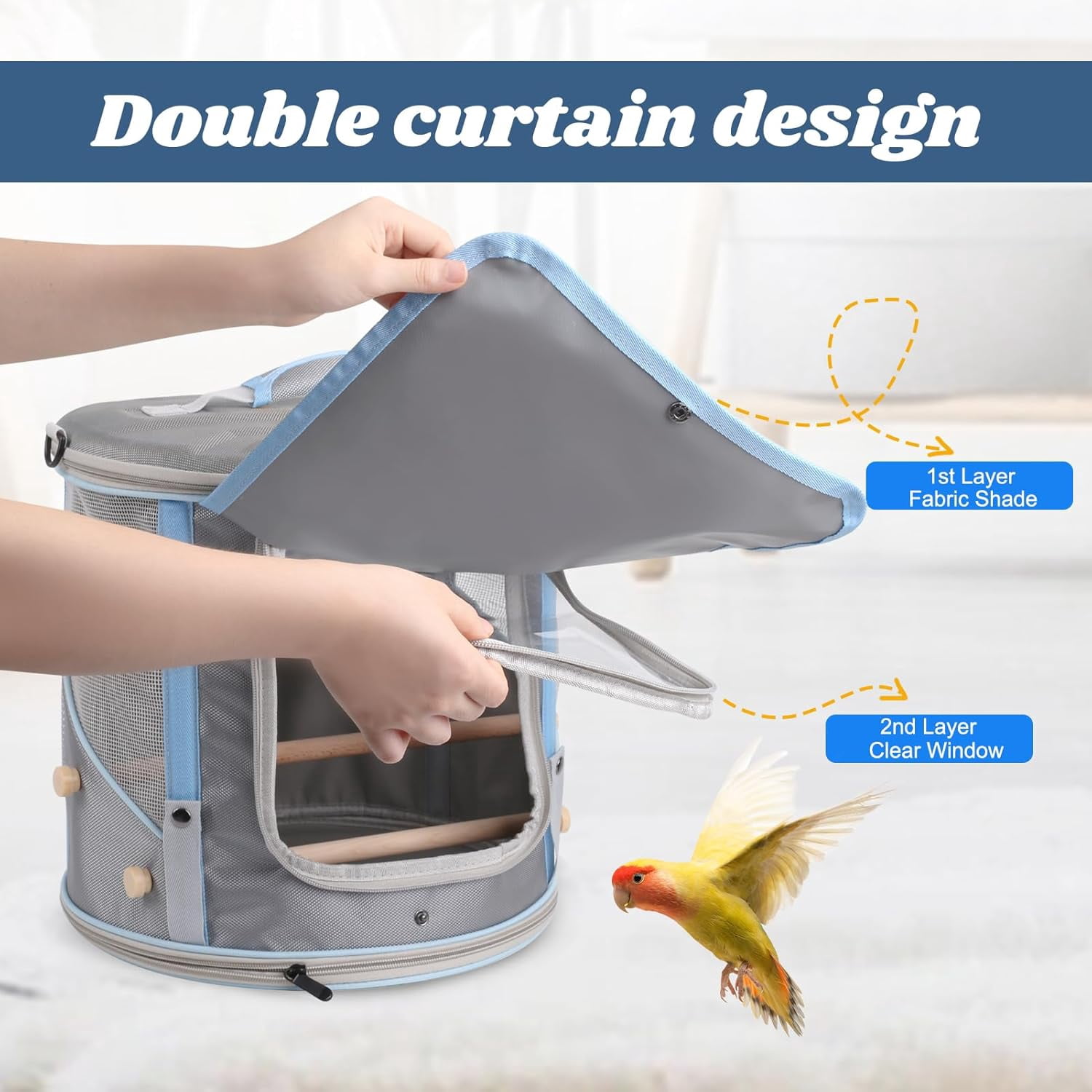 Small to Medium Birds Carrier Cage, Portable Handle Cylindrical Bird House with Metal Tray and Two (2) Wooden Stand Perch, Front Shade with Clear View