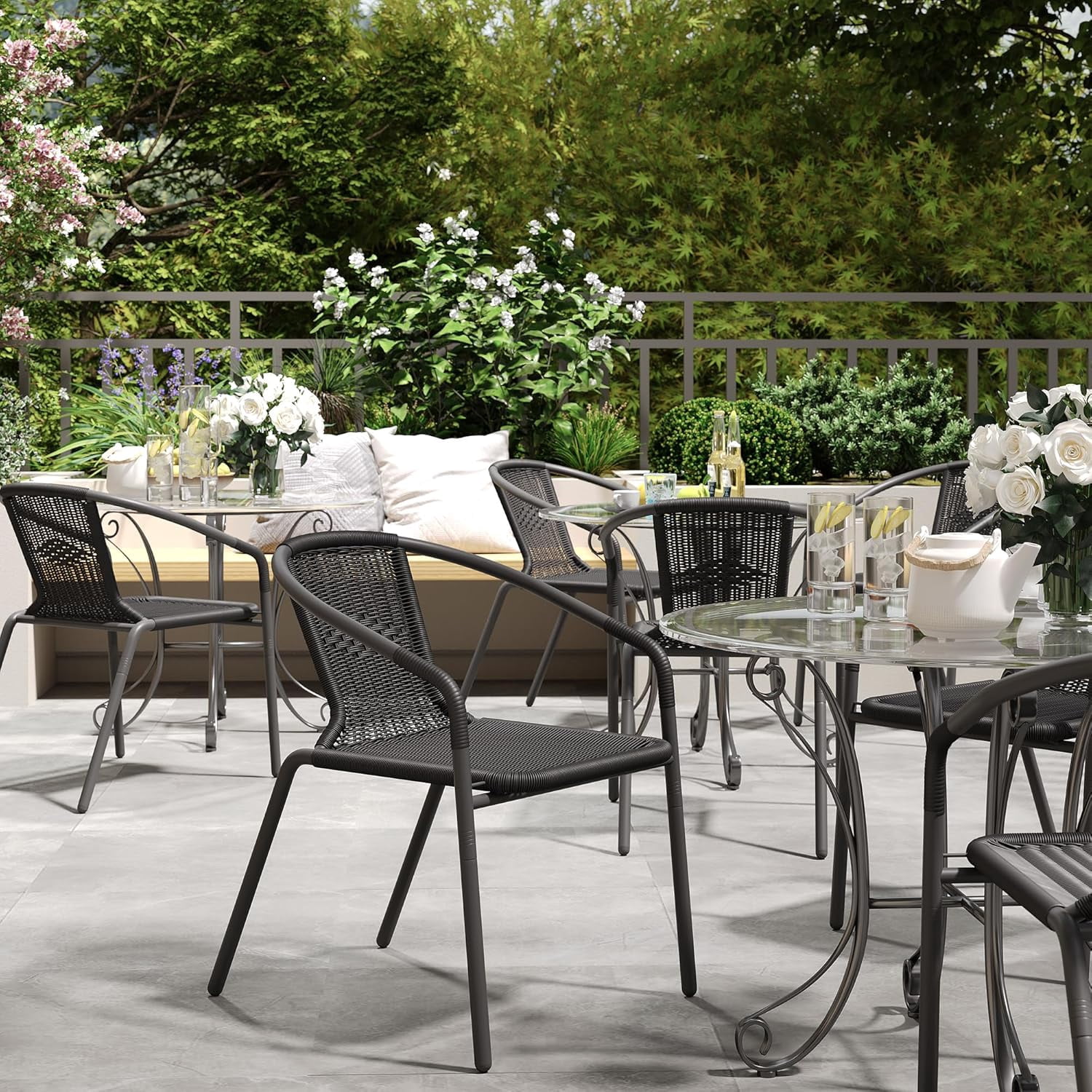 UDPATIO Rattan Patio Dining Chairs Set of 4, Wicker Stackable Outdoor Chairs, for Indoor Bistro Restaurant Porch Deck, Black