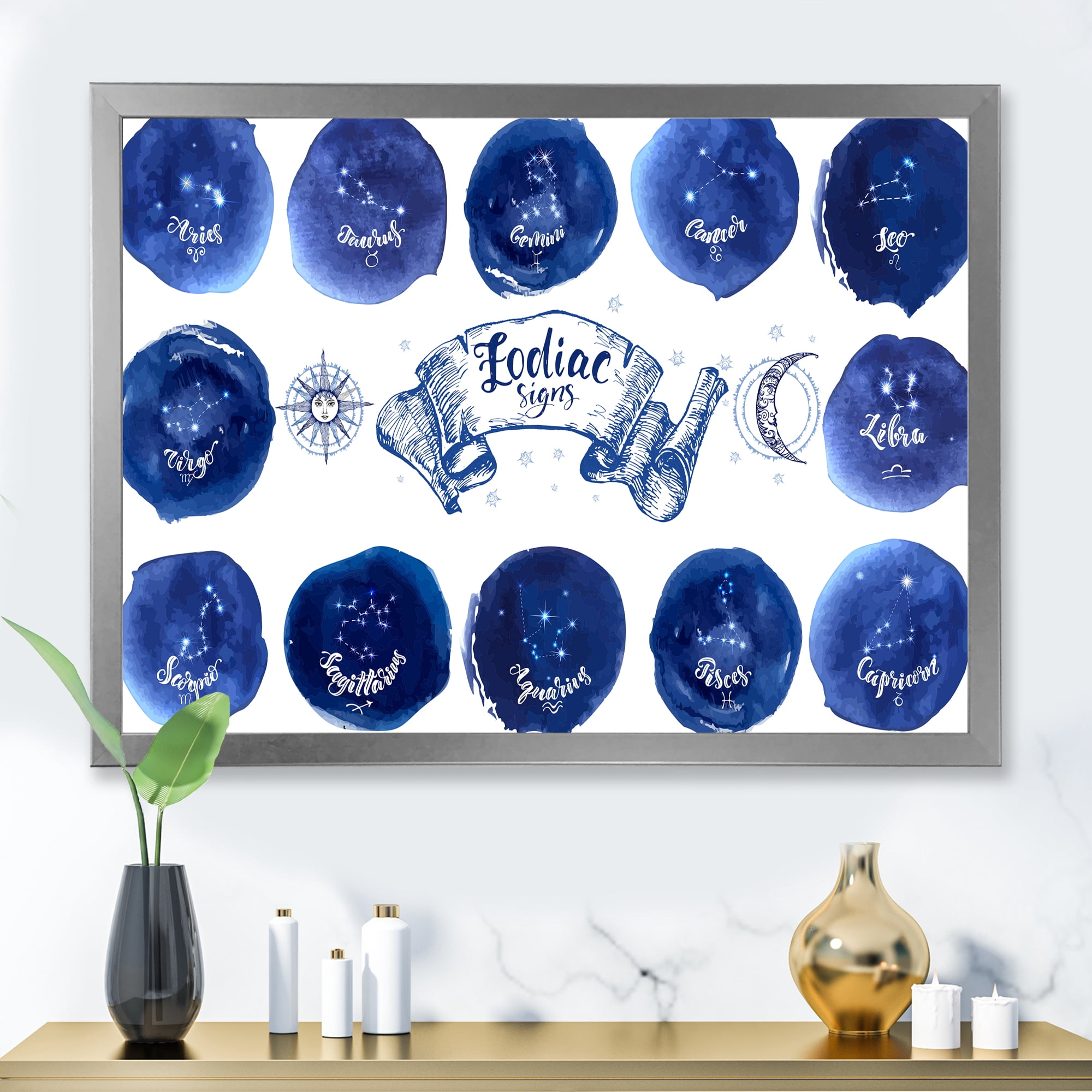 Designart 'Collection of Astrology Signs On Blue Circles' Modern Framed Art Print