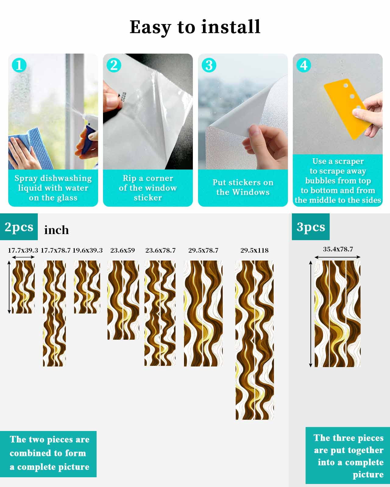 Window Privacy Film Brown Stripe Stained Glass Window Film Decorative Sun Block Window Cover Gold Geometric White Coastal Wave Modern Ocean Window Clings Static Sticker for Bathroom 35.4"x78.7"