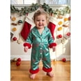 thumbnail image 4 of Cjfdfy Newborn Baby Girls Boy Satin Christmas Pajamas Clothes Santa Bow Print Long Sleeve Fuzzy Trim Button Jumpsuit Cute My First Christmas Fall Winter Sleepwear 0-18M, 4 of 9