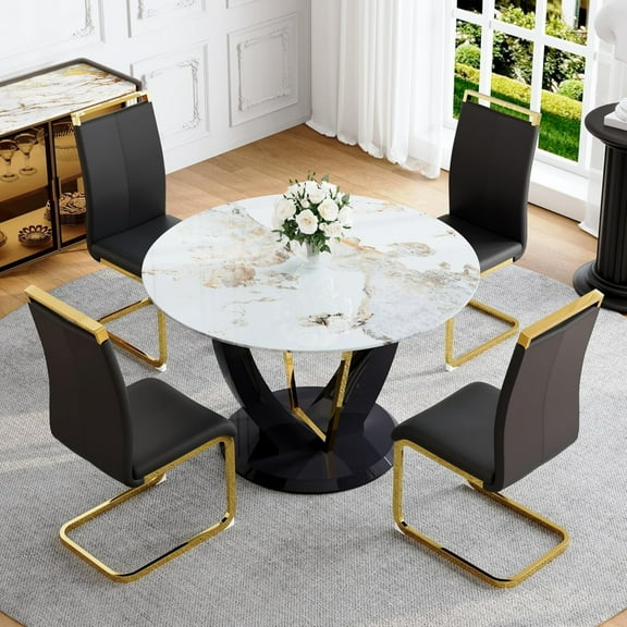 SUDICA 5-Piece Round Faux Marble Dining Table Set, 48" Gold Base Table with 4 Black PU Leather Chairs for Kitchen or Dining Room