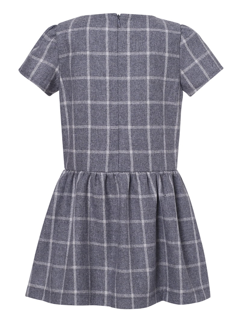 Little Girls Grey Plaid Pattern Short Sleeve Wool Classic Dress 3/4