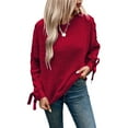 thumbnail image 3 of Female Casual Pullover Loose Bows Solid Color Round Neck Trendy Knit Long Sleeve Sweater Wine Red XL, 3 of 9