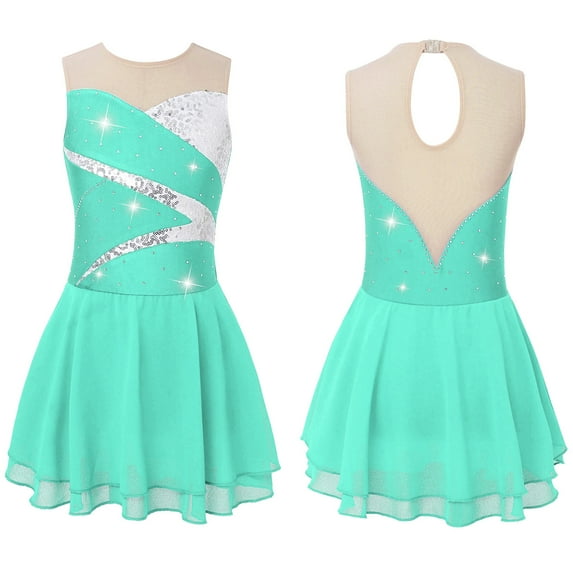 YONGHS Kids Girls Splice Glittery Roller Ice Skating Dress Ballet Tutu Skirts Leotard Light Green 12