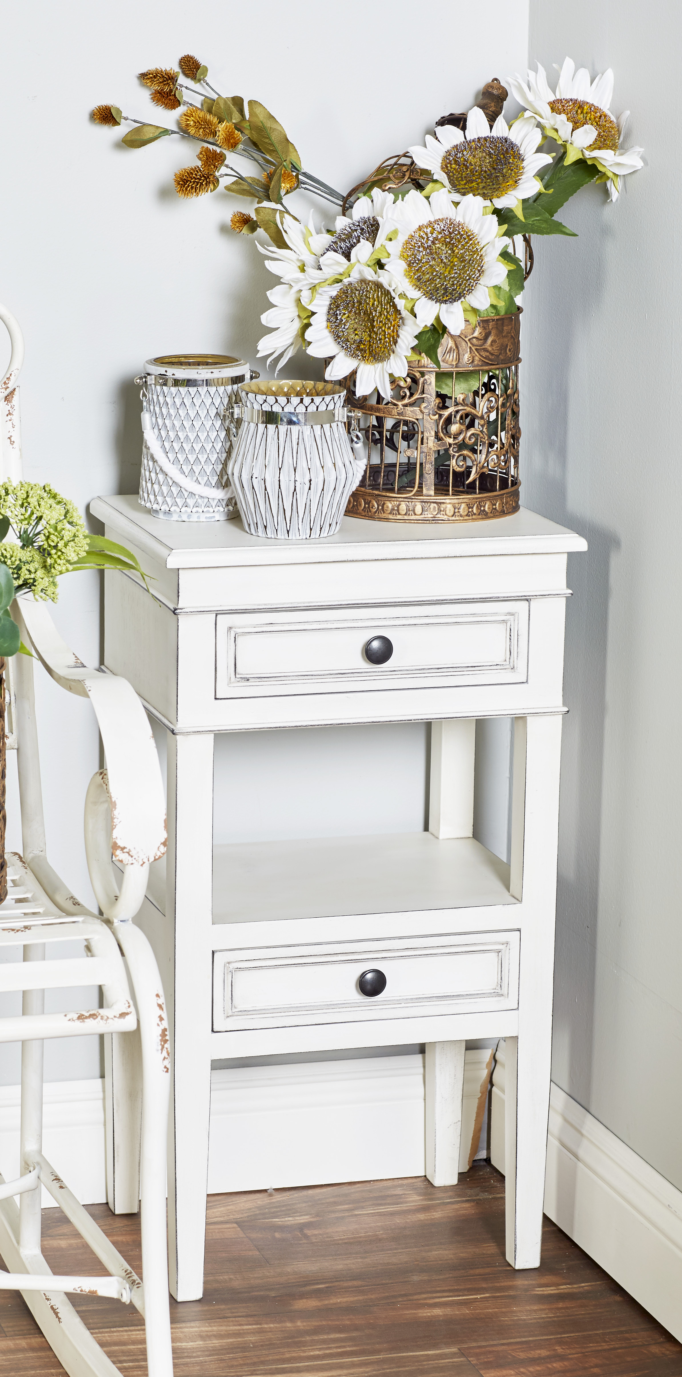 DecMode 29" x 16" White Wood Country Accent Table