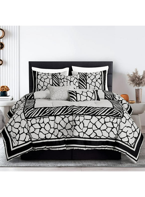 Chezmoi Collection Basa 7-Piece Safari Black/Chalk Zebra Giraffe Animal Print Bedding Comforter Set, Full