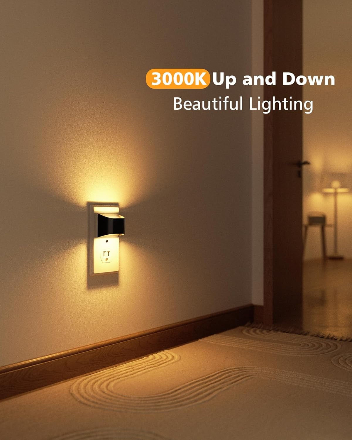 Night Lights Plug into Wall, 4 Pack Up and Down LED Night Light with Dusk to Dawn Light Sensor, 3000K Warm White Nightlight for Hallway, Bedroom, Bathroom, Kitchen Black
