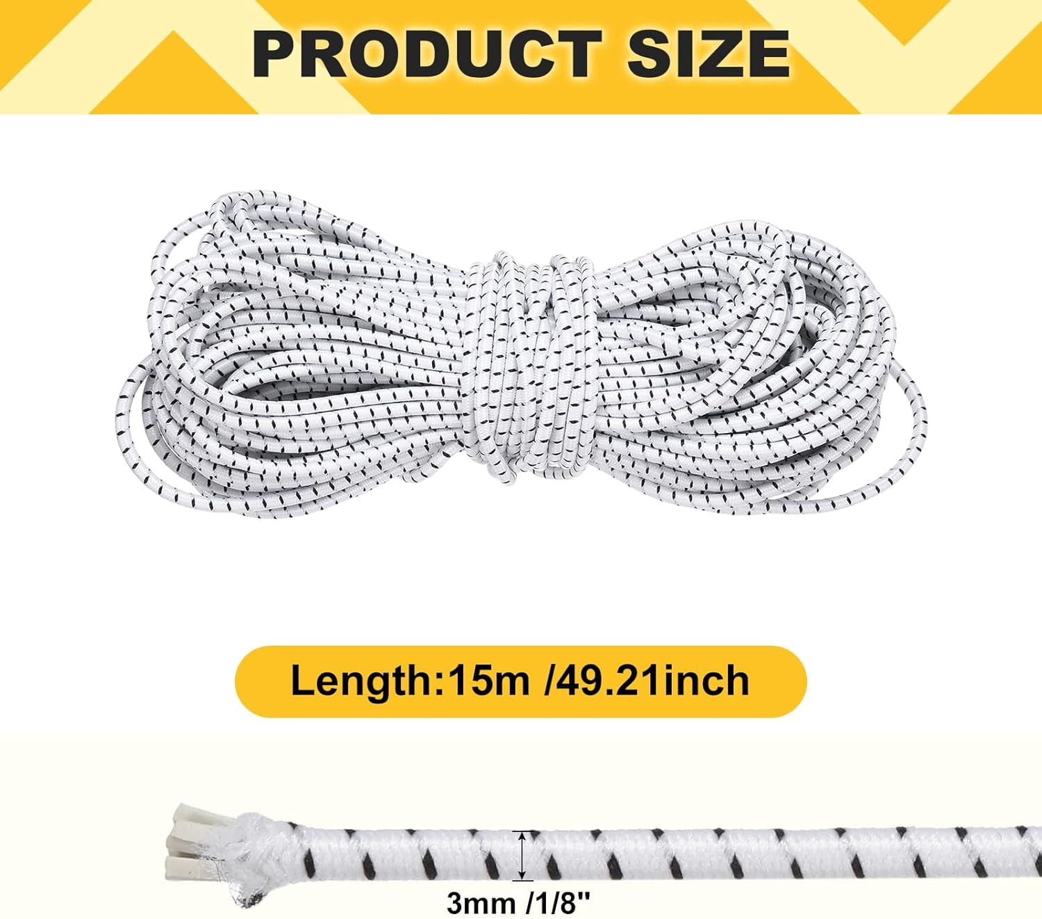 MKEUDQ-Elastic Bungee Cord, 1/8" x 49' Heavy Duty Polyester Bungee Shock Cords Kayak Stretch String Rope for Kayak Strap Tarp Tie Boating Tent Camping DIY Craft, White-Black