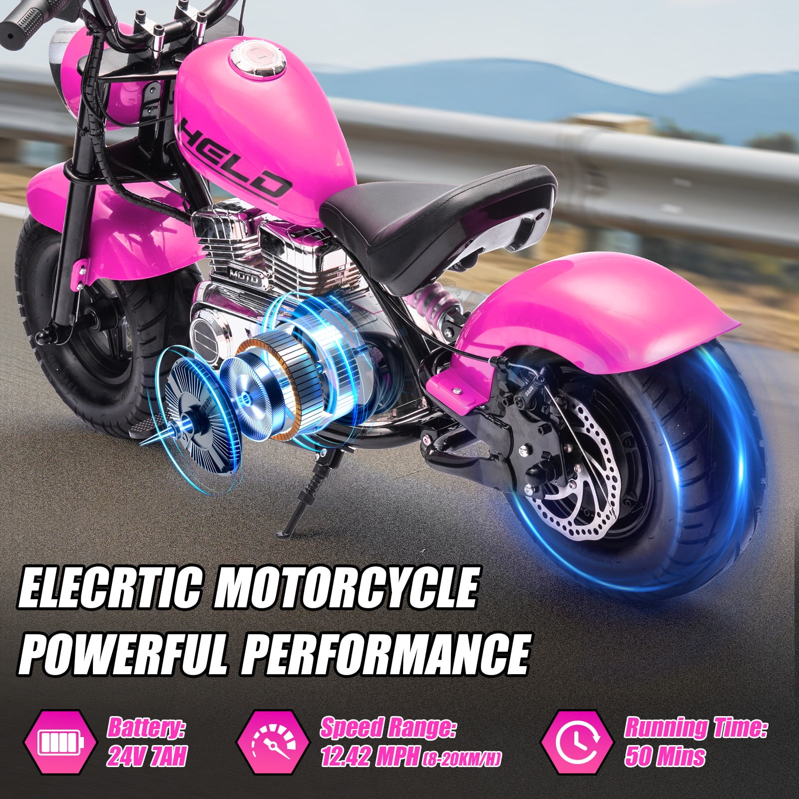MUKIDY 24V Electric Dirt Bike for Kids, 250W Ride on Motorcycle with Twist Grip Throttle, Key Start, Music, Speed up to 12.4 mph, Age 8+, Pink