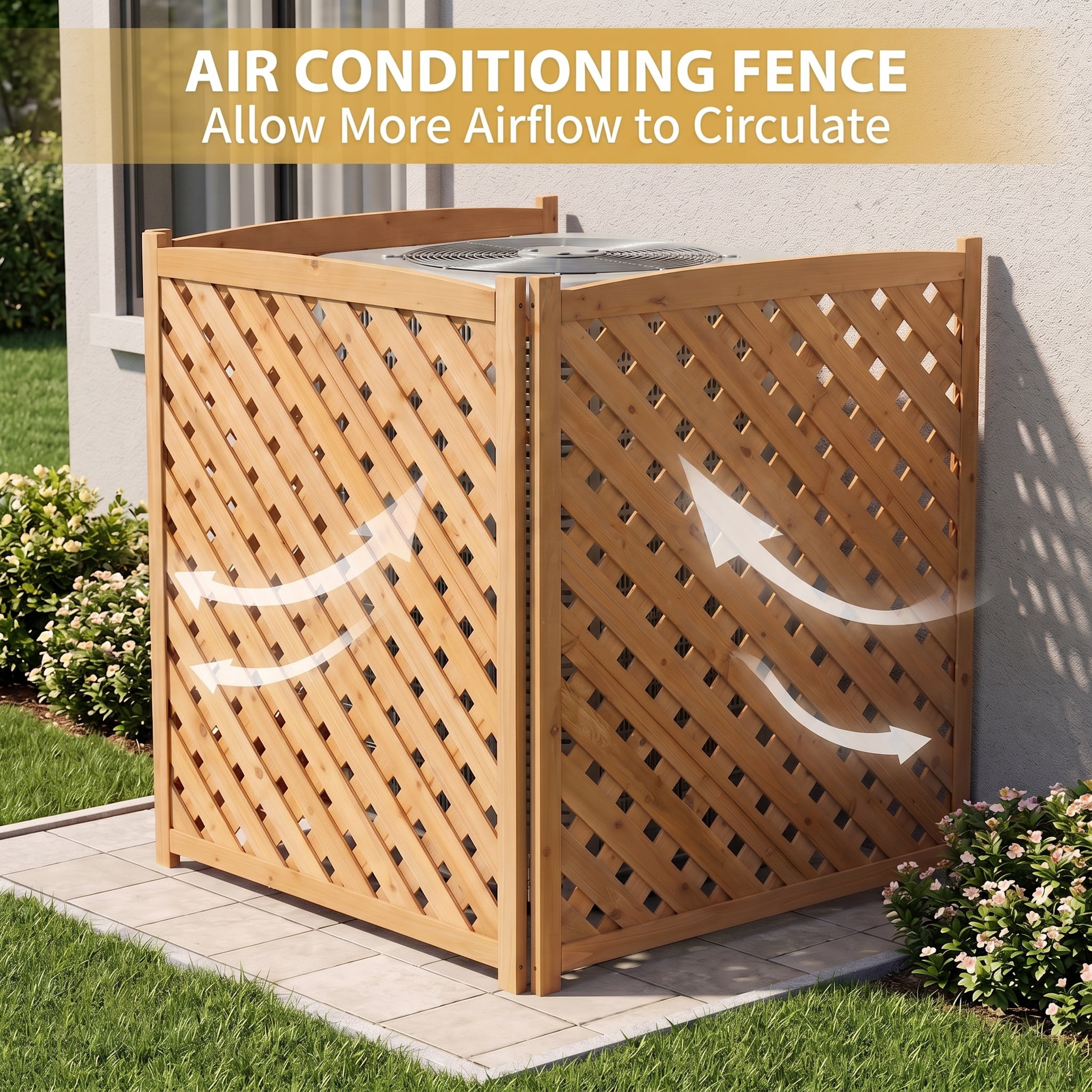 Outdoor Wood Privacy Fence 3-Panel 32W x 38H, Solid Wood Air Conditioner Screen with Slat Spacing for AC Unit Trash Can Pool Pump Enclosure, Light Brown