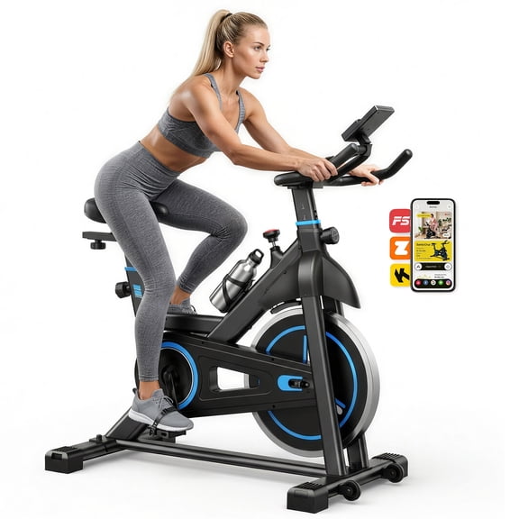 SHOUFTW Home Exercise Bike with APP Control, Magnetic Resistance Bike, Quiet Indoor Stationary Cycle 300lb Capacity, Black Blue