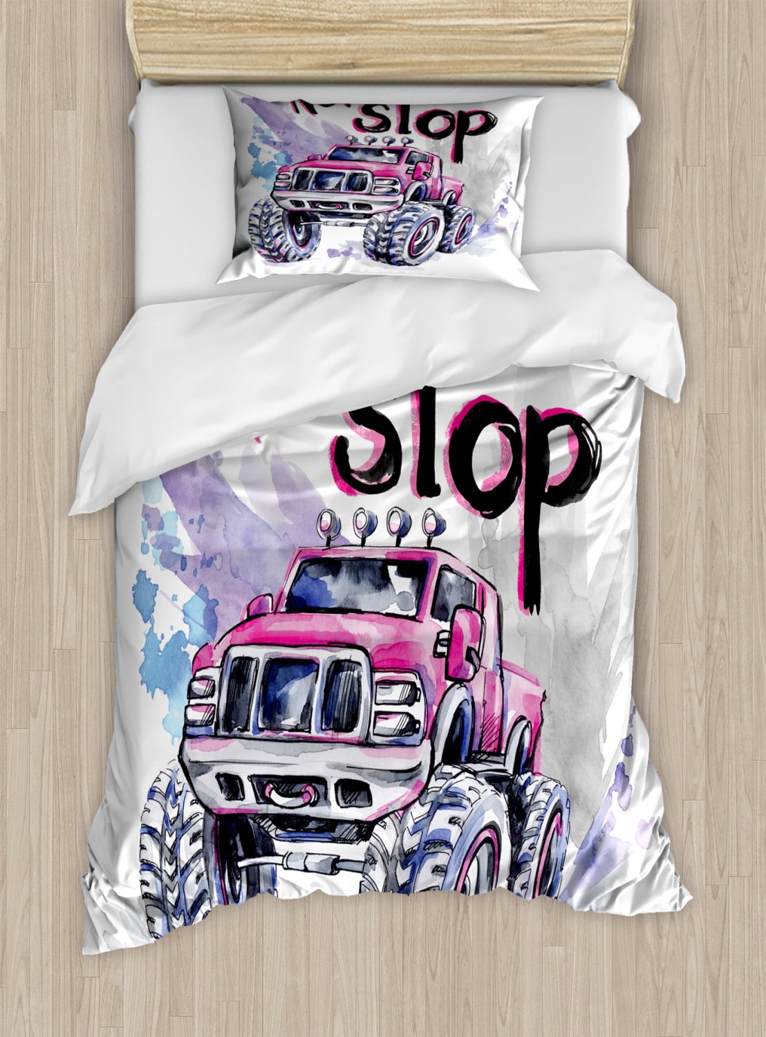 Monster Truck Duvet Cover Set Twin Size, Watercolor Monster Car in