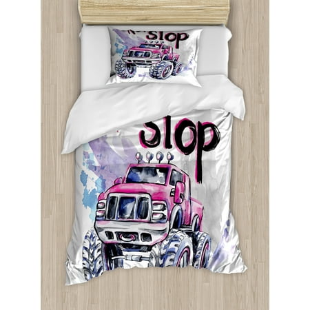 Monster Truck Duvet Cover Set Twin Size Watercolor Monster Car In