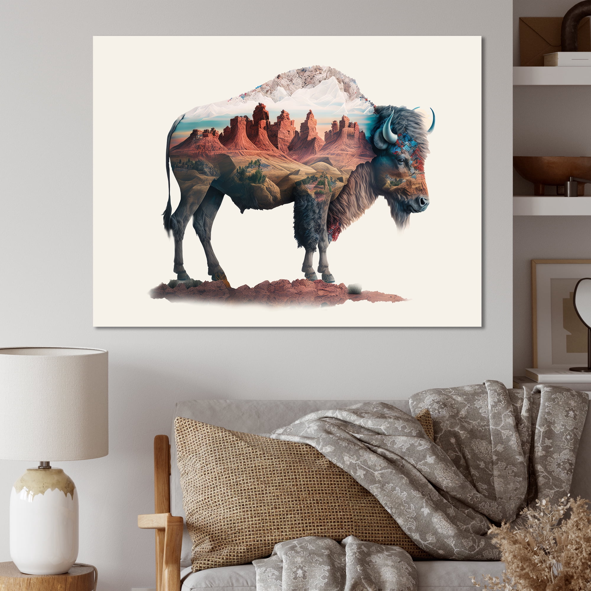 Designart Double Exposure Of A Buffalo With Nevada Landscape I Canvas Wall Art