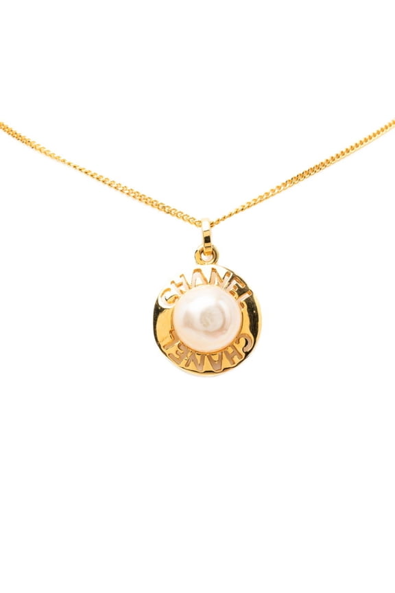 Pre-Owned Chanel Vintage Circle Logo Necklace, Gold Plated, Faux Pearl, Women's CHANEL