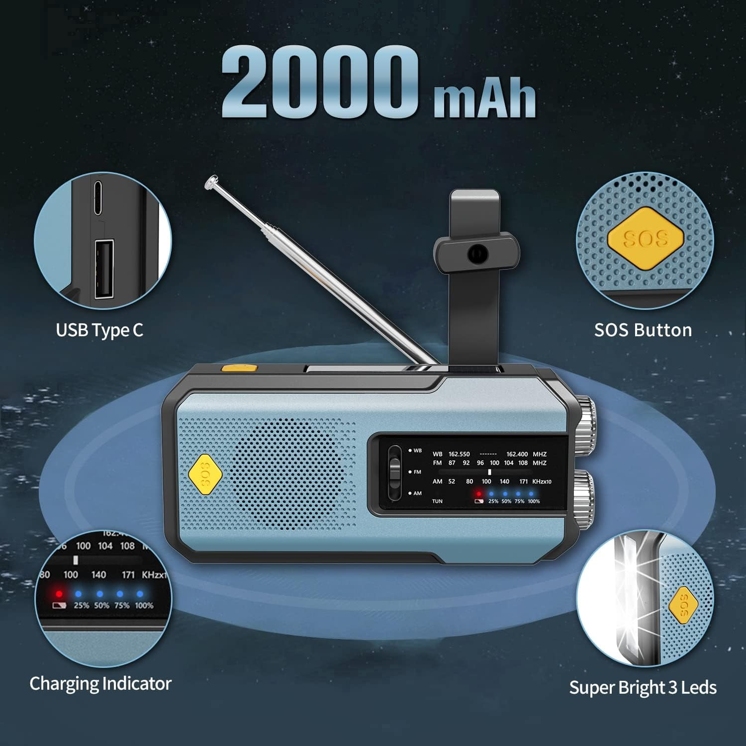 Newest Prociv Solar Emergency Wind Up Radio, Portable Hand Crank AM/FM Radio with SOS Alarm LED Torch, 2000mAh Rechargeable Power Bank USB Phone Charger Flashlight for Camping (Blue)