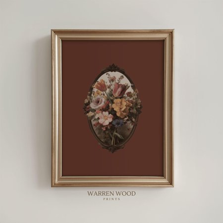 Burgundy Oval Frame Print, Floral Vintage Wall Art, Rustic Red Portrait Decor, Ornate Frame Illustration, Moody Victorian Print Home Decor #1323, Unframed Poster Size 8x12