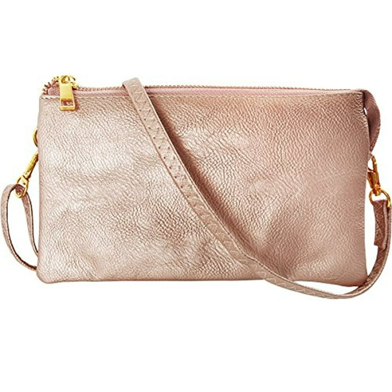 Vegan Leather Small Crossbody Bag or Wristlet Clutch Purse Includes Adjustable Shoulder and Wrist Straps Champagne Gold Metallic by Humble Chic NY