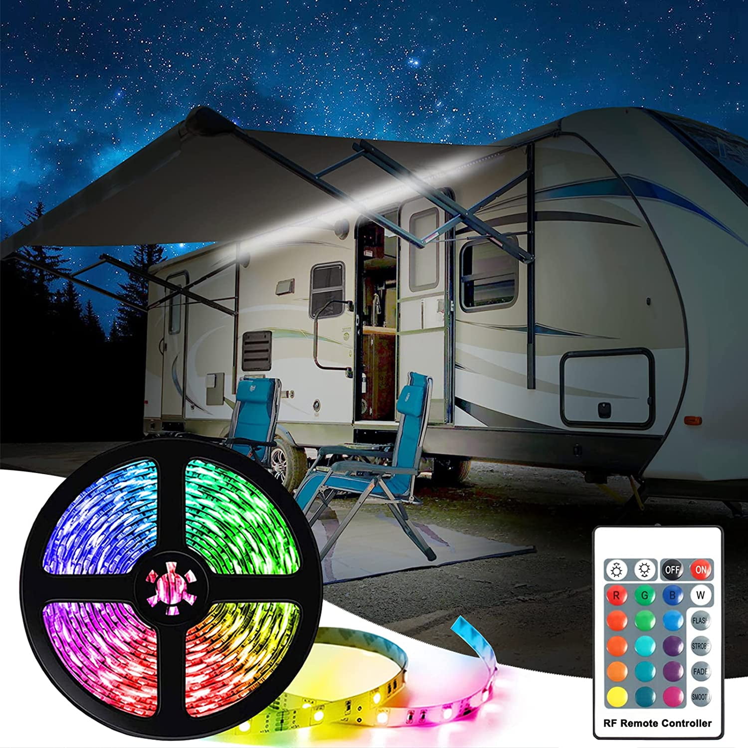 RV Awning Color Changeable LED Lights w/Remote Motor Home Camper 