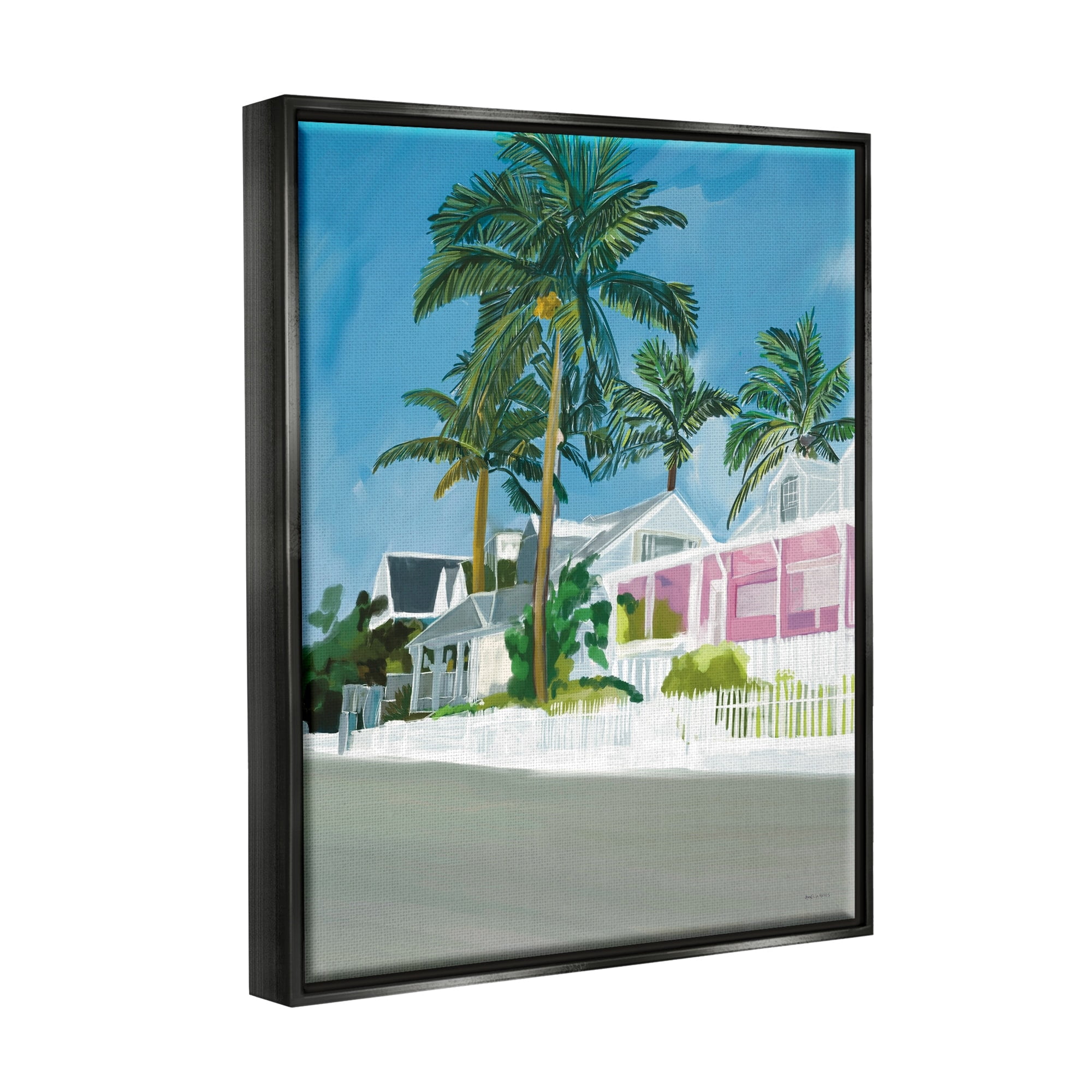 Stupell Industries Tropical Palm Trees Summer Vacation Resort Houses Graphic Art Jet Black Floating Framed Canvas Print Wall Art, Design by Amelia Noyes