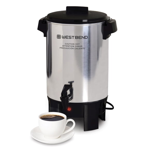 West Bend Coffee Urn Highly-Polished Aluminum Features Automatic Temperature Control with Cup Per Minute Brewing and Easy Clean Up Includes In-Basket