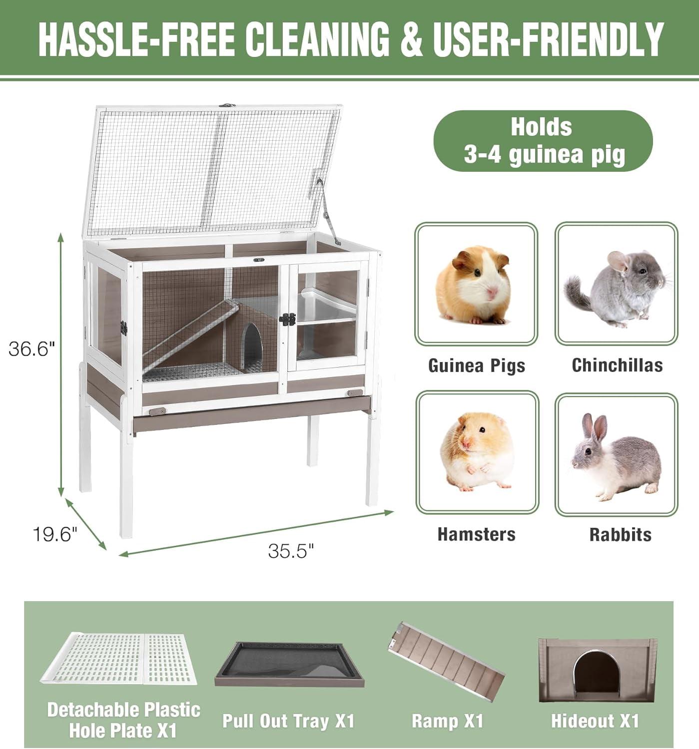 Aivituvin Guinea Pig Cage Indoor Rabbit Hutch with Chew-Proof Edges - Brown
