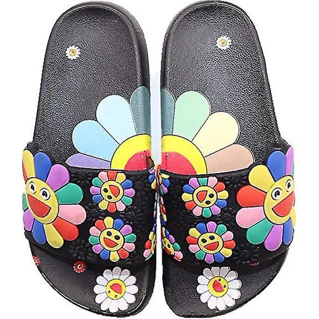 Children's Slippers Cute Beach Water Figure Slippers Boys And Girls Shower Pool Summer Slipper Black Flower