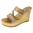 thumbnail image 5 of Rokment Womens Sparkly Sequin Wedge High Heels Slides Sandals Bride Wedding Bling Leather Braided Band Open Toe Platform Chunky Slip on Heeled Summer Dressy Shoes for Ladies Gold Size 8.5, 5 of 7