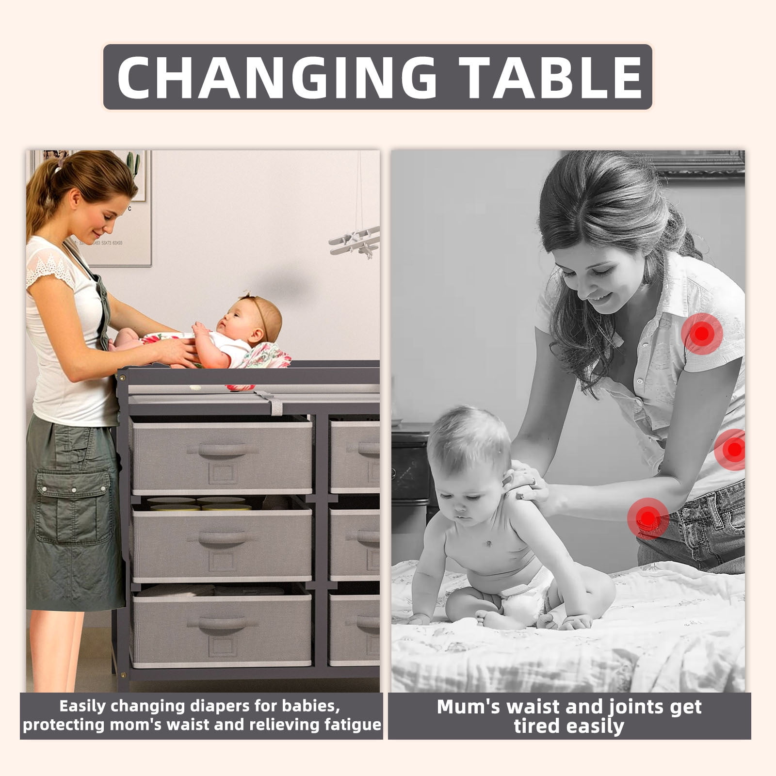 KORIMEFA Baby Changing Table with Laundry Hamper, 6 Storage Drawers and Pad, Changing Table Dresser, Baby Diaper Change Station, Gray
