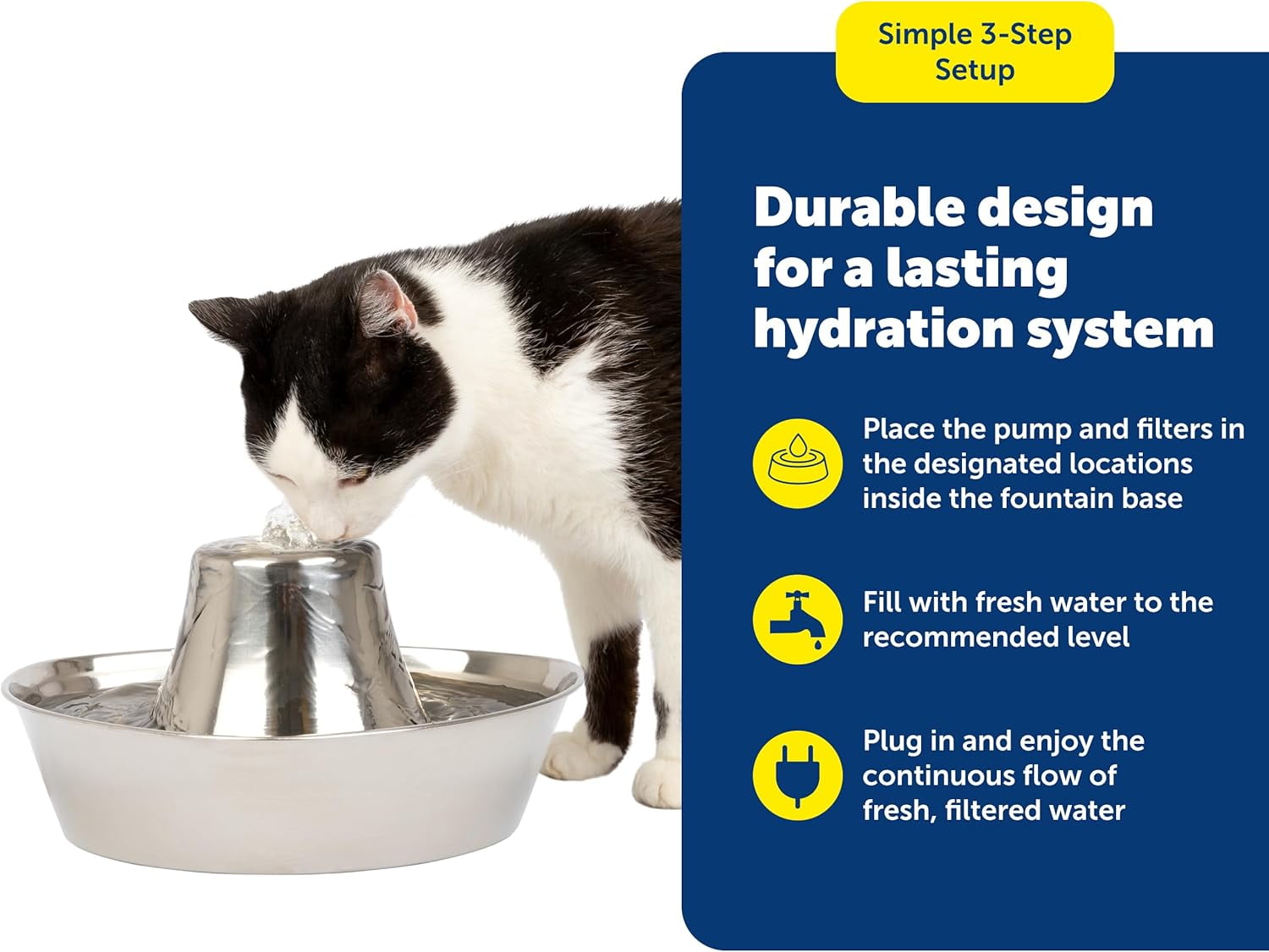 Stainless Steel Cat & Dog Fountain, 60 Oz Water Capacity - 2 Water Filters & 1 Pump Included, Soothing Flow for Pets, Scratch-and Rust-Resistant Material - Quiet Motor