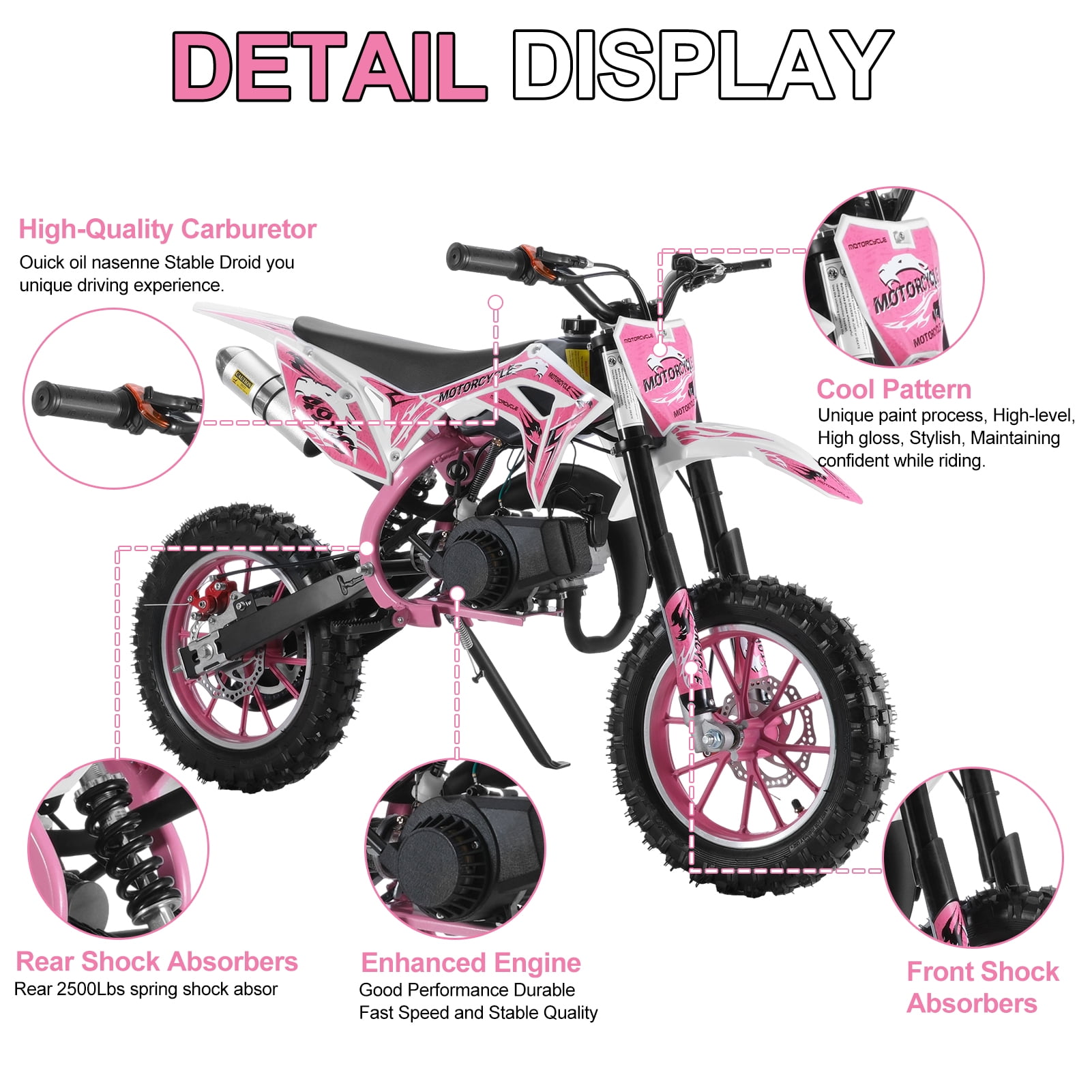 Fompes Dirt Bike, 49cc 2-Stroke Gas Mini Bike for Kids Off Road Mini Motorcycle with Front Fork and Shock Absorption, Up to 25Mph, Pink