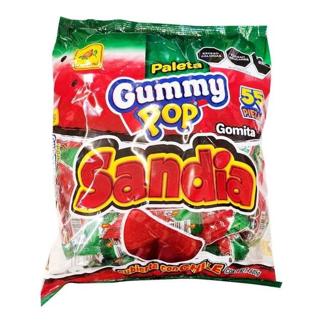 Paleta De la Rosa Gummy Pop gomita sabor sandía cubierta con chile 55 pzas 605 g