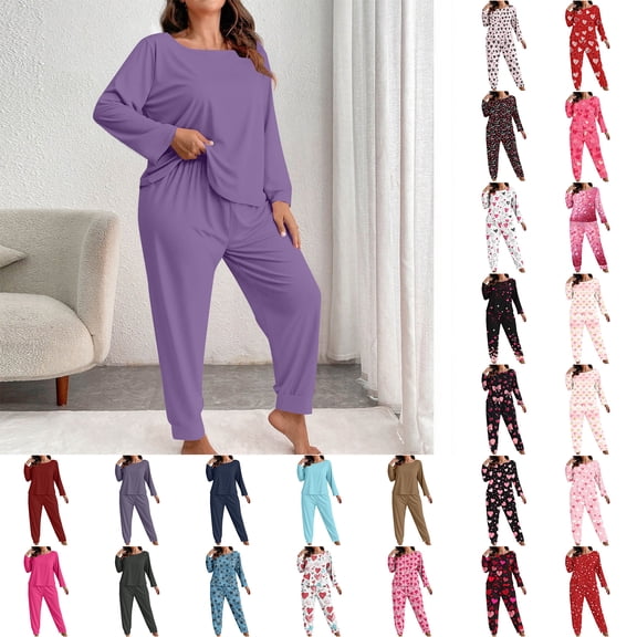 Aobny Plus Size Cute Women's Plus Pajamas White Sleepwear Sets Long Sleeve Love Crew Neck Taper Long Underwears Cozy