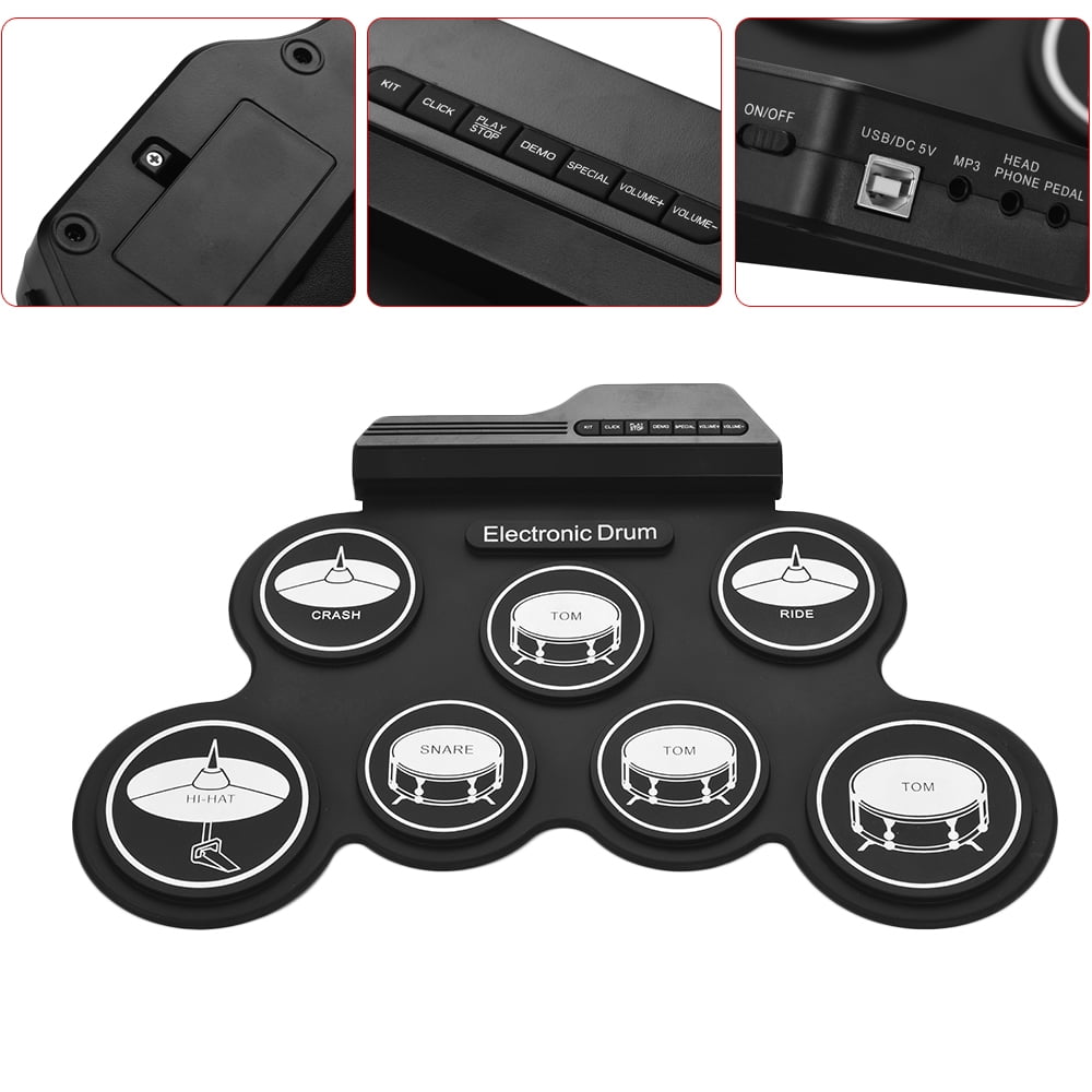 Compact Size USB Roll-Up Silicon Drum Set Digital Electronic Drum Kit 7 Drum Pads with Drumsticks Foot Pedals for Beginners Children Kids